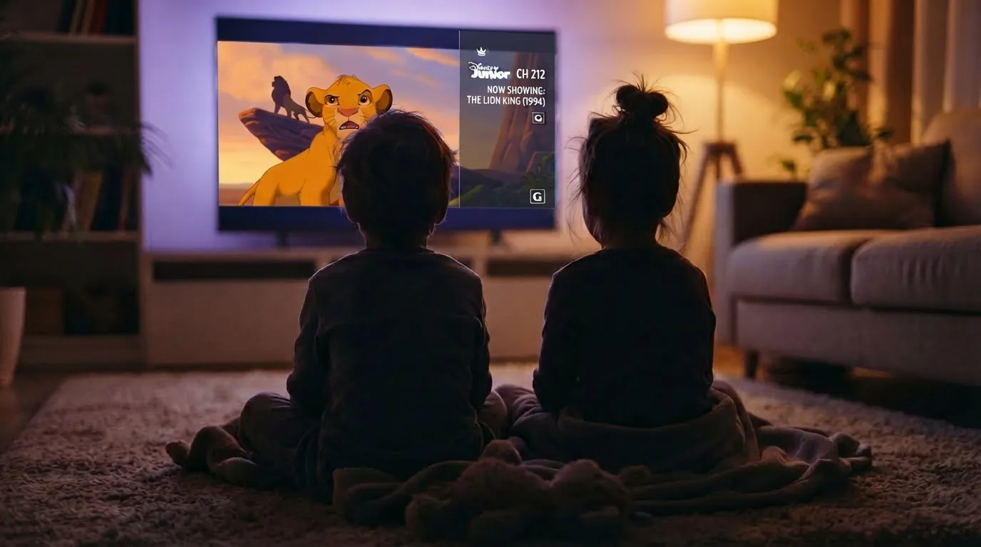 Deux enfants de dos assis sur un tapis devant un téléviseur allumé